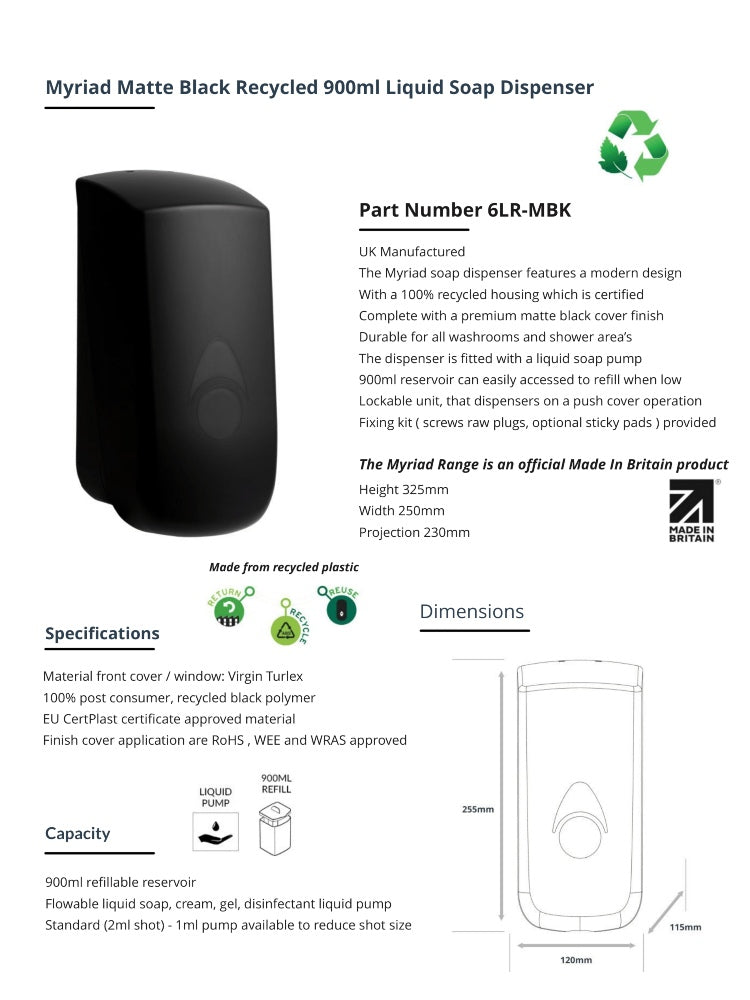 Myriad Matte Black Recycled 900ml Soap Dispenser | Foam, Liquid or Spray Pump