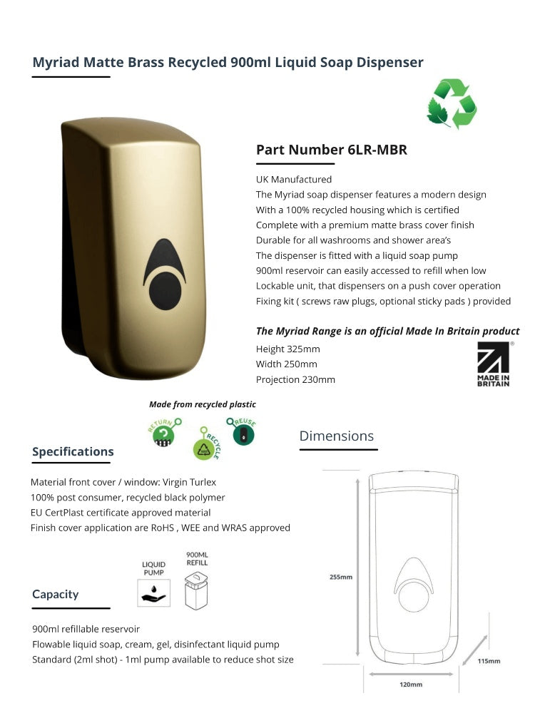 Myriad Matte Brass Recycled 900ml Soap Dispenser | Foam, Liquid or Spray Pump