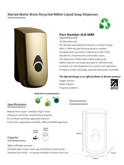 Myriad Matte Brass Recycled 900ml Soap Dispenser | Foam, Liquid or Spray Pump