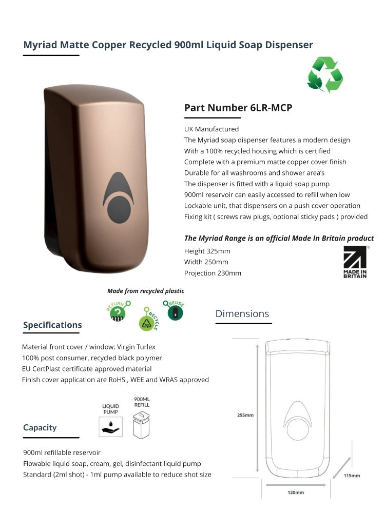 Myriad Matte Copper Recycled 900ml Soap Dispenser | Foam, Liquid or Spray Pump