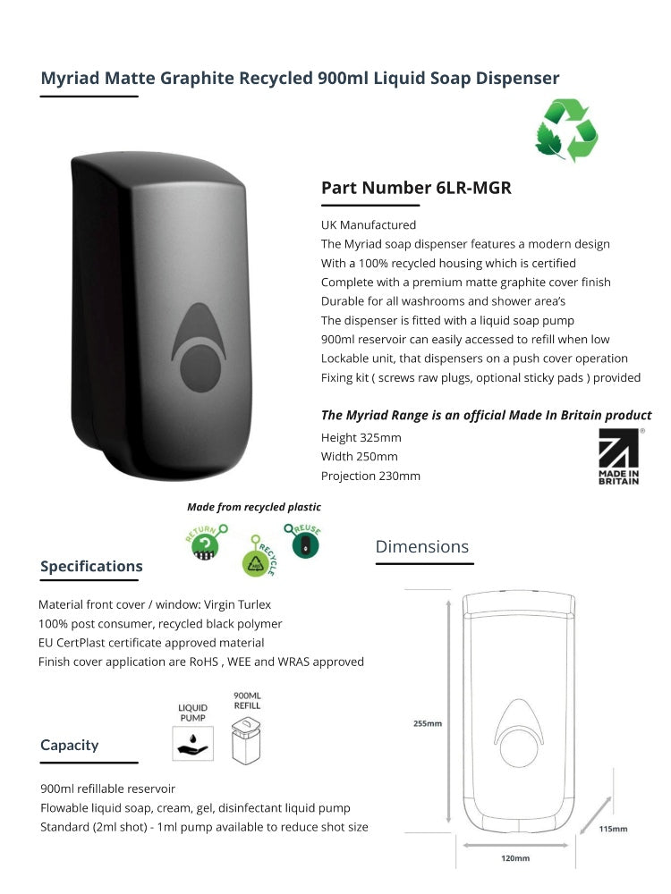 Myriad Matte Graphite Recycled 900ml Soap Dispenser | Foam, Liquid or Spray Pump