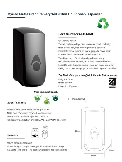 Myriad Matte Graphite Recycled 900ml Soap Dispenser | Foam, Liquid or Spray Pump