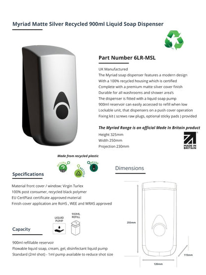 Myriad Matte Silver Recycled 900ml Soap Dispenser | Foam, Liquid or Spray Pump