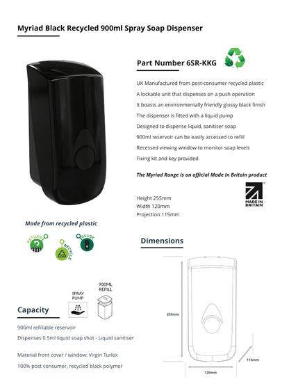 Myriad Gloss Black Recycled 900ml Soap Dispenser | Foam, Liquid or Spray Pump
