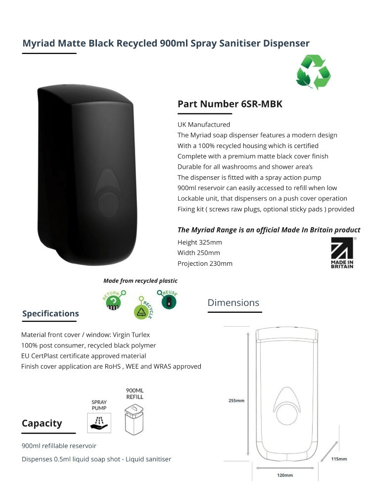 Myriad Matte Black Recycled 900ml Soap Dispenser | Foam, Liquid or Spray Pump
