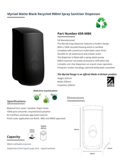 Myriad Matte Black Recycled 900ml Soap Dispenser | Foam, Liquid or Spray Pump