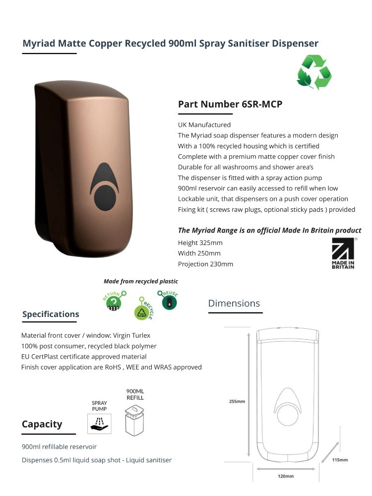 Myriad Matte Copper Recycled 900ml Soap Dispenser | Foam, Liquid or Spray Pump