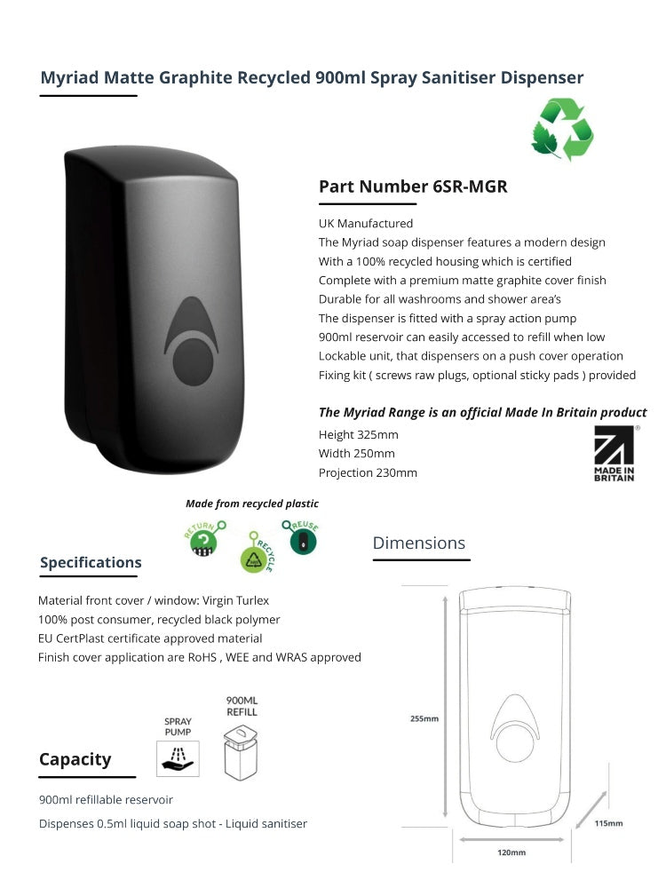 Myriad Matte Graphite Recycled 900ml Soap Dispenser | Foam, Liquid or Spray Pump