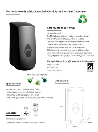 Myriad Matte Graphite Recycled 900ml Soap Dispenser | Foam, Liquid or Spray Pump