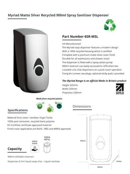 Myriad Matte Silver Recycled 900ml Soap Dispenser | Foam, Liquid or Spray Pump