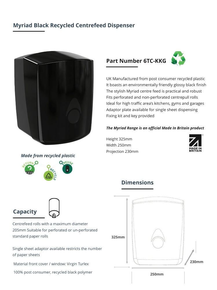 Myriad Gloss Black Recycled Centrefeed Dispenser | UK Made