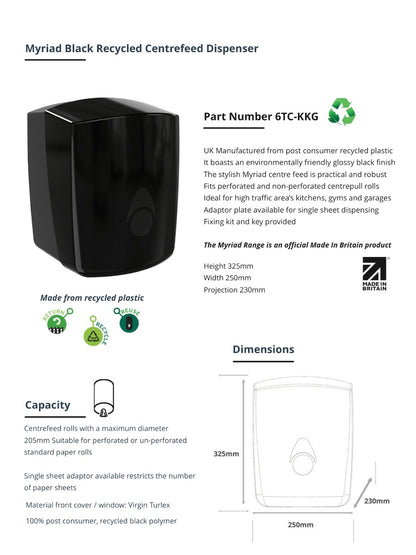Myriad Gloss Black Recycled Centrefeed Dispenser | UK Made