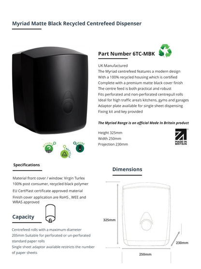 Myriad Matte Black Recycled Centrefeed Dispenser | UK Made
