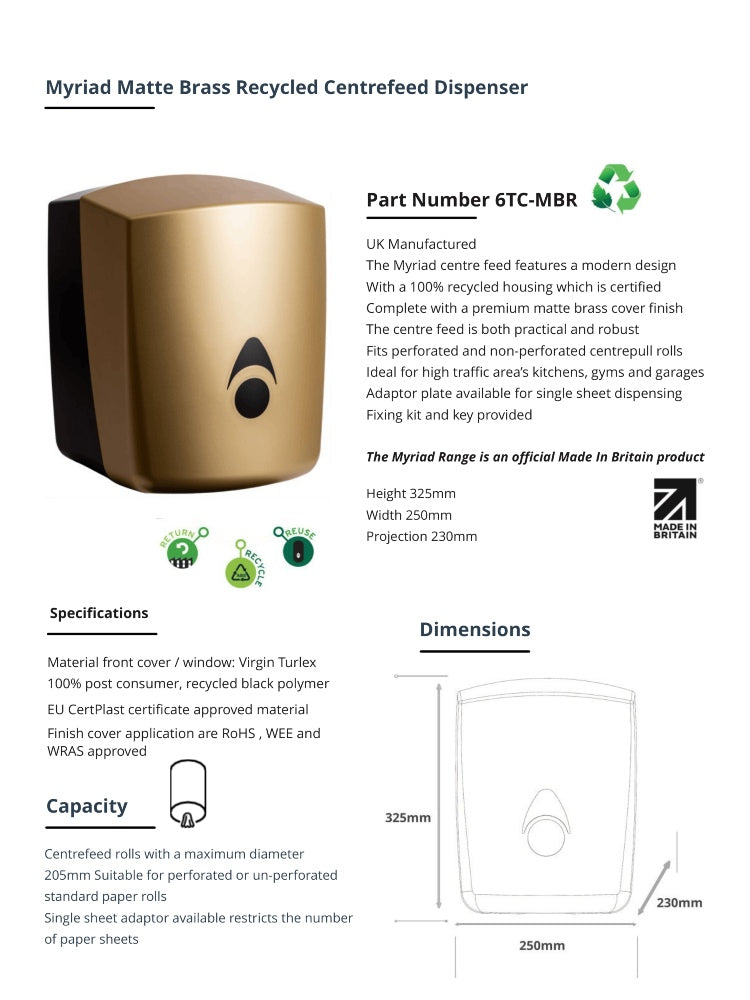 Myriad Matte Brass Recycled Centrefeed Dispenser | UK Made