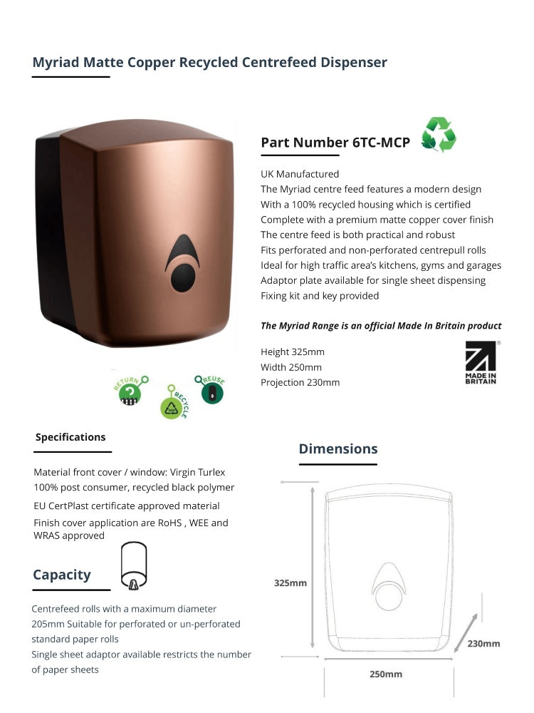 Myriad Matte Copper Recycled Centrefeed Dispenser | UK Made