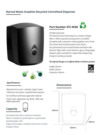 Myriad Matte Graphite Recycled Centrefeed Dispenser | UK Made