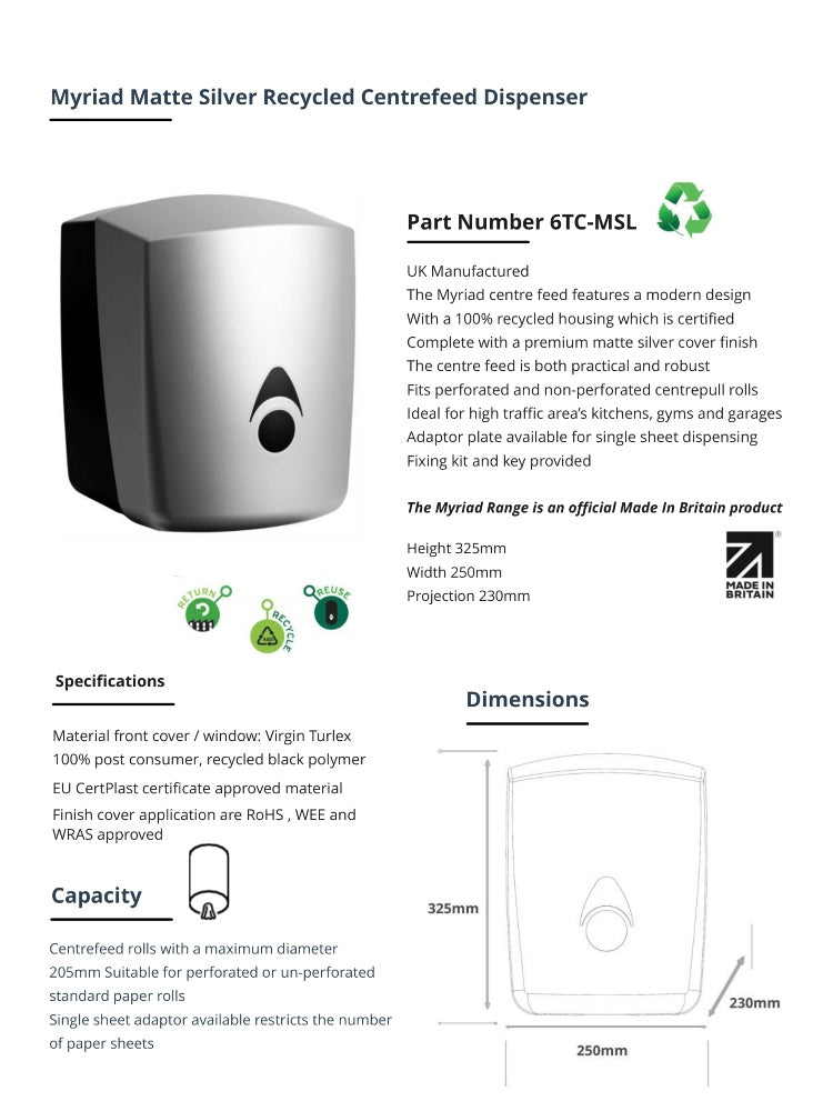 Myriad Matte Silver Recycled Centrefeed Dispenser | UK Made