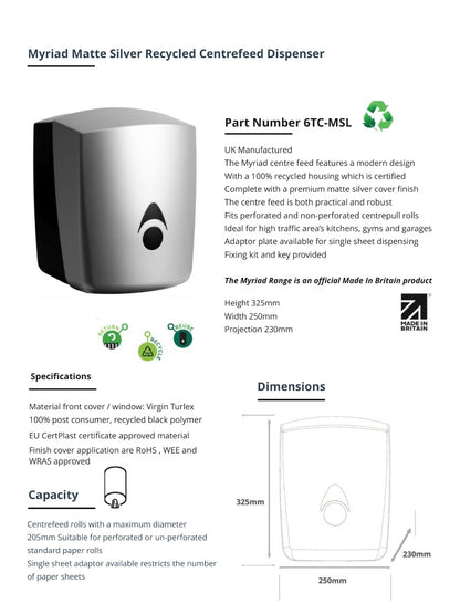 Myriad Matte Silver Recycled Centrefeed Dispenser | UK Made