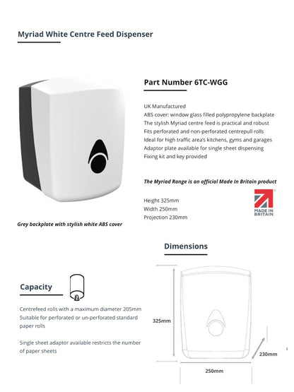 Myriad Gloss White Recycled Centrefeed Dispenser | UK Made
