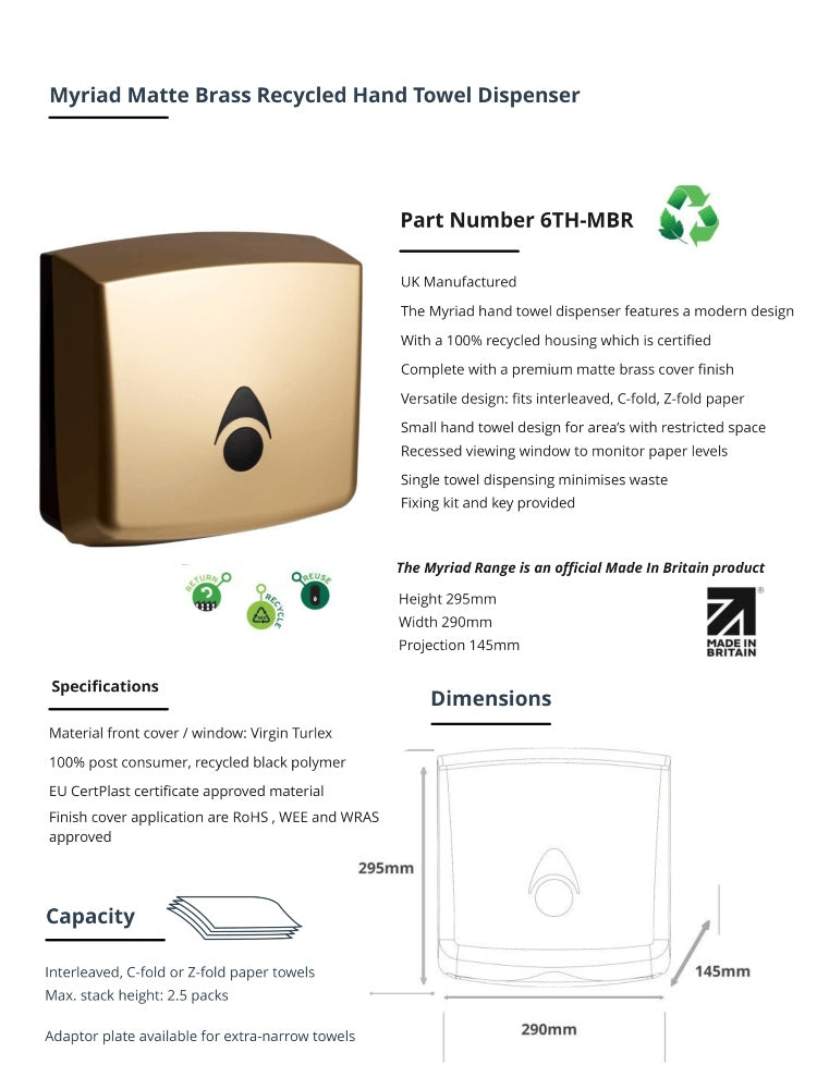 Myriad Matte Brass Recycled Hand Towel Dispenser | Sustainable Commercial Paper Towel Dispenser