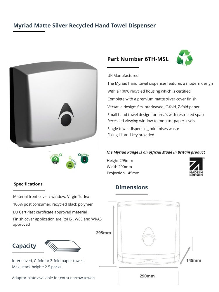 Myriad Matte Silver Recycled Hand Towel Dispenser | Sustainable Commercial Paper Towel Dispenser