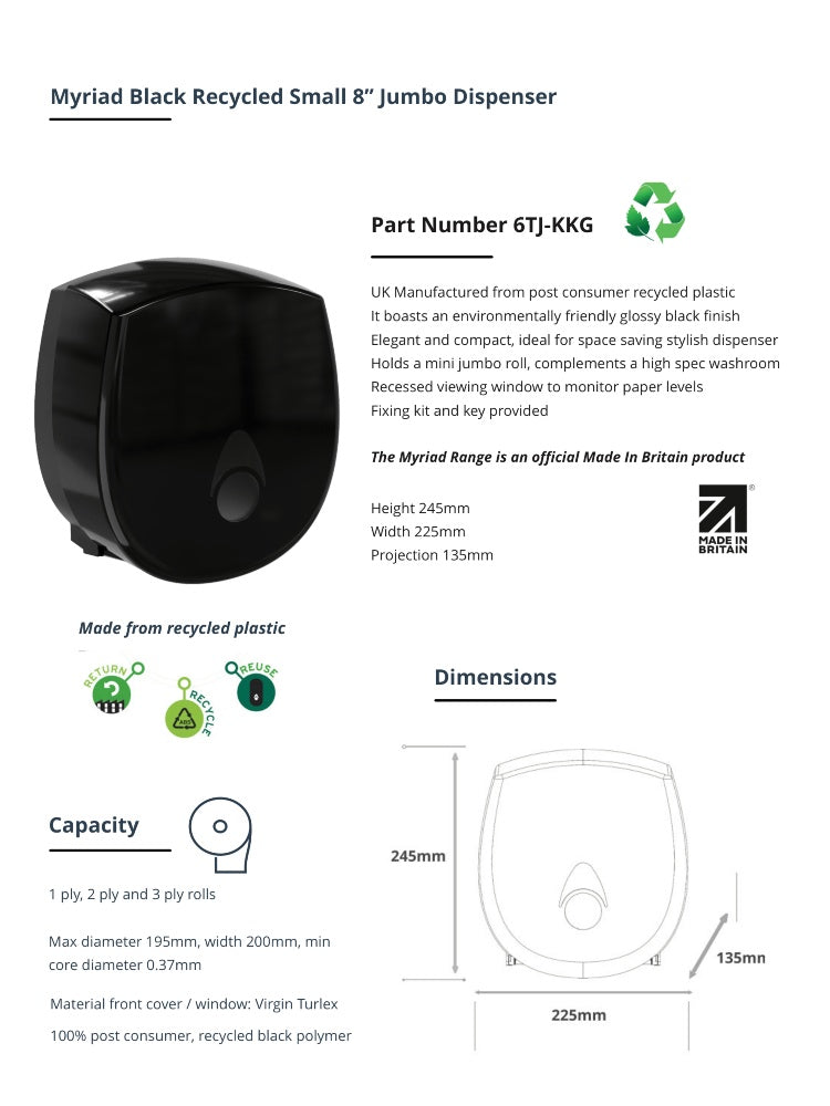Myriad Gloss Black Recycled Mini Jumbo Toilet Roll Dispenser | 8” Commercial Washroom Dispenser