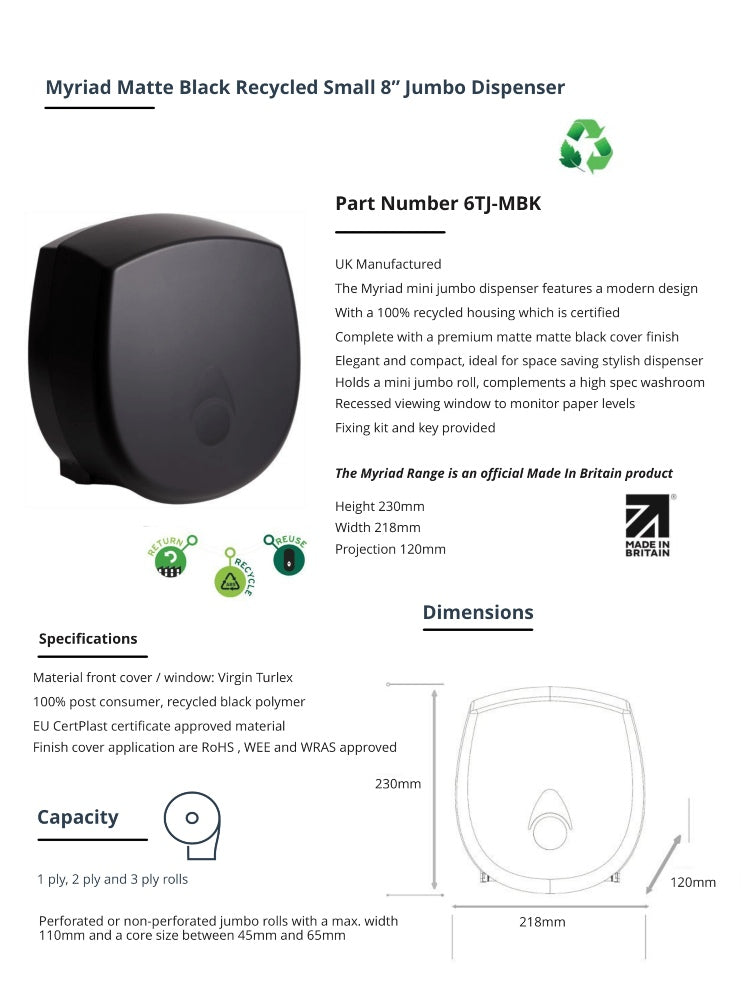 Myriad Matte Black Recycled Mini Jumbo Toilet Roll Dispenser | 8” Commercial Washroom Dispenser