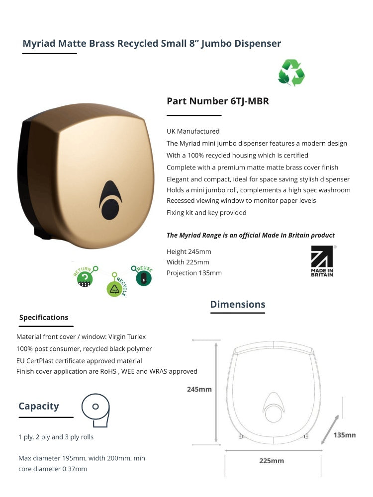 Myriad Matte Brass Recycled Mini Jumbo Toilet Roll Dispenser | 8” Commercial Washroom Dispenser