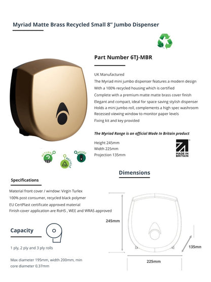 Myriad Matte Brass Recycled Mini Jumbo Toilet Roll Dispenser | 8” Commercial Washroom Dispenser