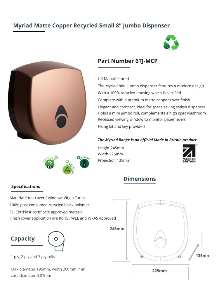 Myriad Matte Copper Recycled Mini Jumbo Toilet Roll Dispenser | 8” Commercial Washroom Dispenser