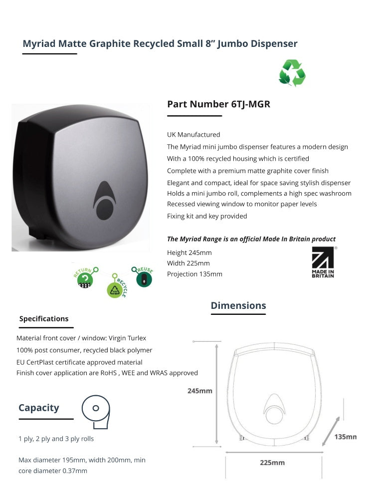 Myriad Matte Graphite Recycled Mini Jumbo Toilet Roll Dispenser | 8” Commercial Washroom Dispenser