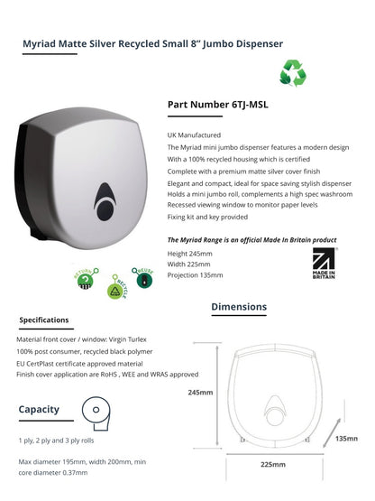 Myriad Matte Silver Recycled Mini Jumbo Toilet Roll Dispenser | 8” Commercial Washroom Dispenser