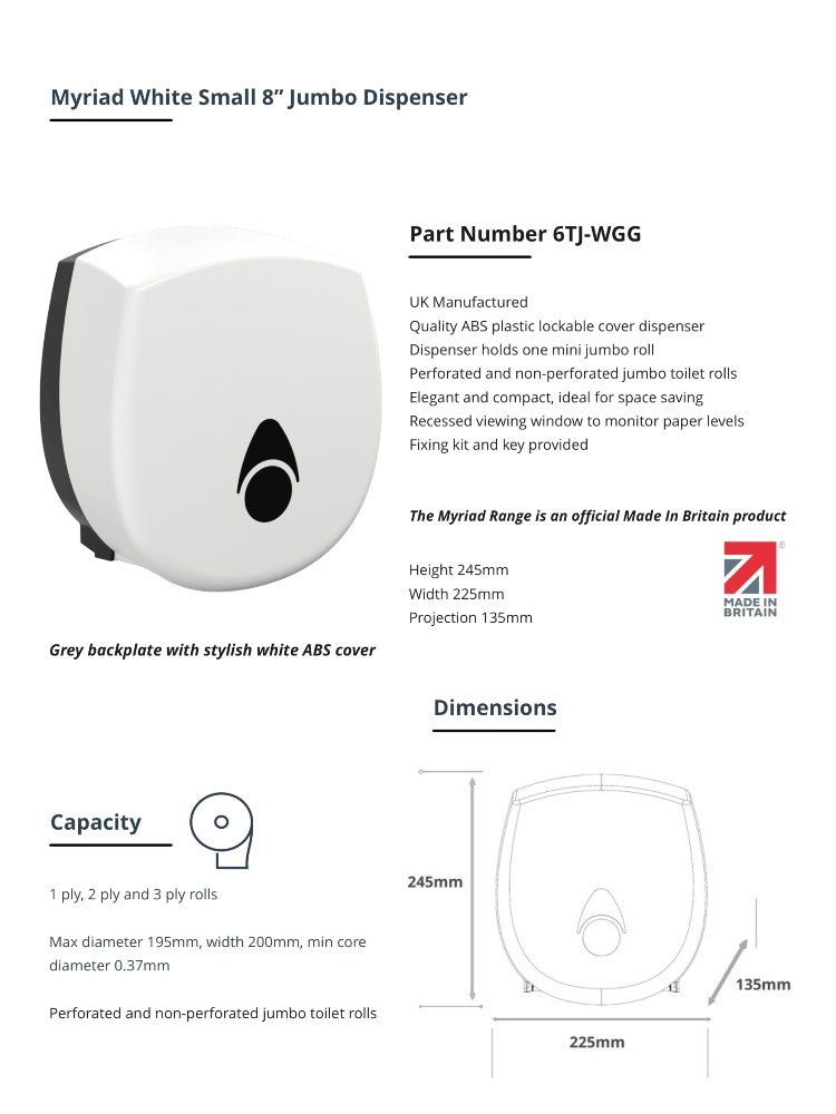 Myriad Gloss White Recycled Mini Jumbo Toilet Roll Dispenser | 8” Commercial Washroom Dispenser