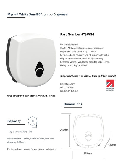 Myriad Gloss White Recycled Mini Jumbo Toilet Roll Dispenser | 8” Commercial Washroom Dispenser