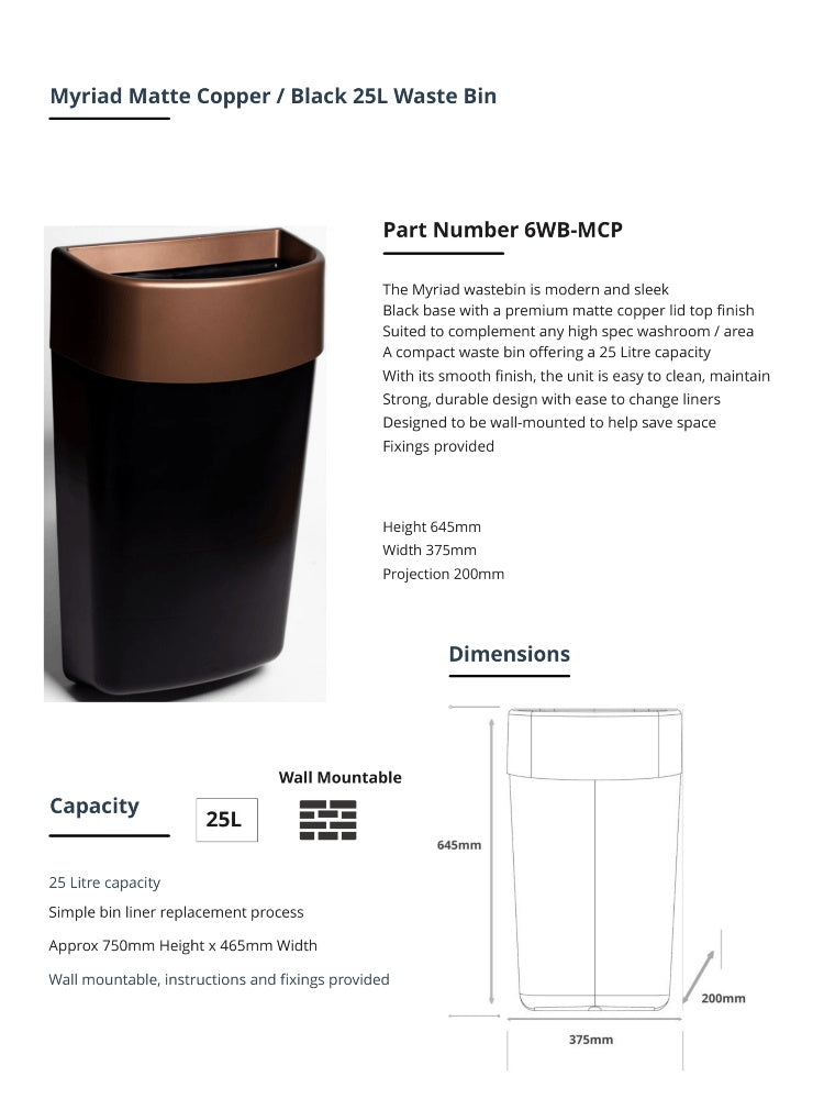 Myriad Matte Copper Black 25L Wall Mounted Waste Bin