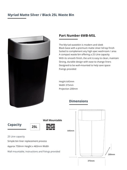 Myriad Matte Silver Black 25L Wall Mounted Waste Bin