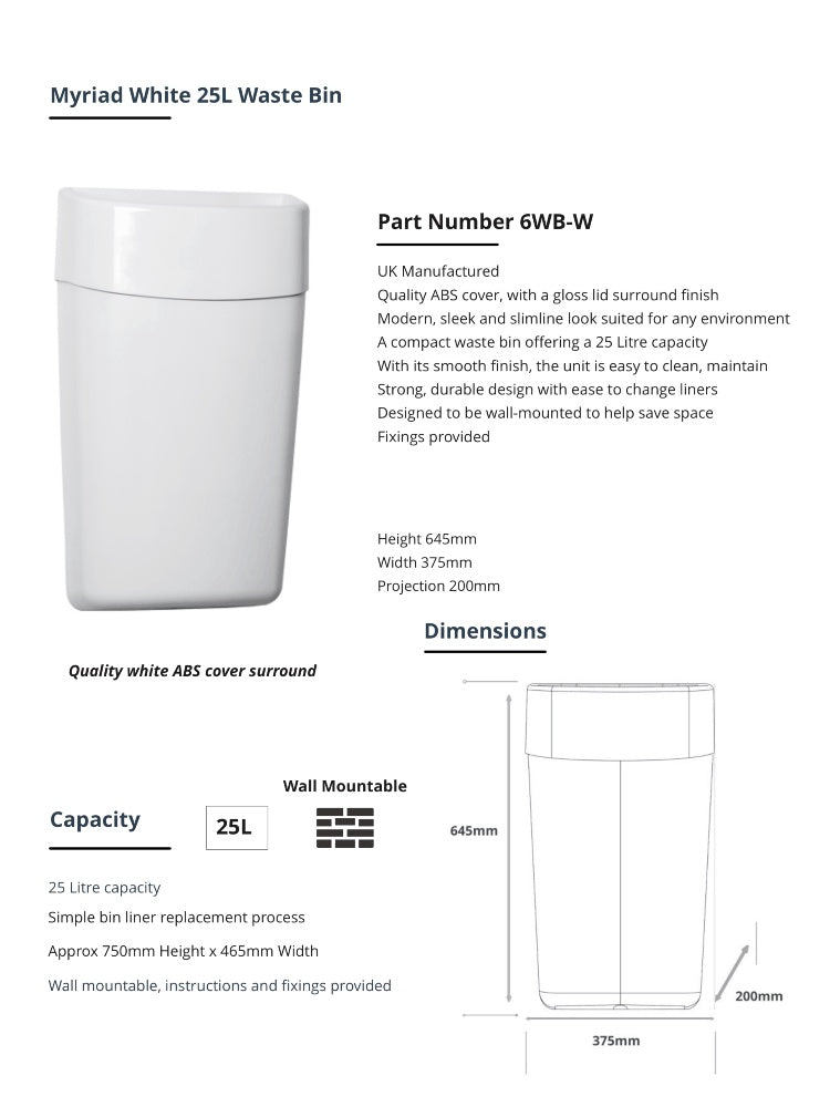 Myriad Gloss White 25L Wall Mounted Waste Bin
