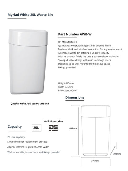 Myriad Gloss White 25L Wall Mounted Waste Bin