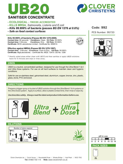 Clover Chemicals UB20 Sanitiser Concentrate 2L | Food-Safe Antibacterial Surface Sanitiser