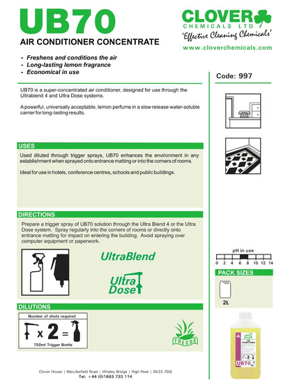 Clover Chemicals UB70 Air Conditioner Concentrate 2L | Professional Lemon Air Freshener & Entrance Mat Fragrance