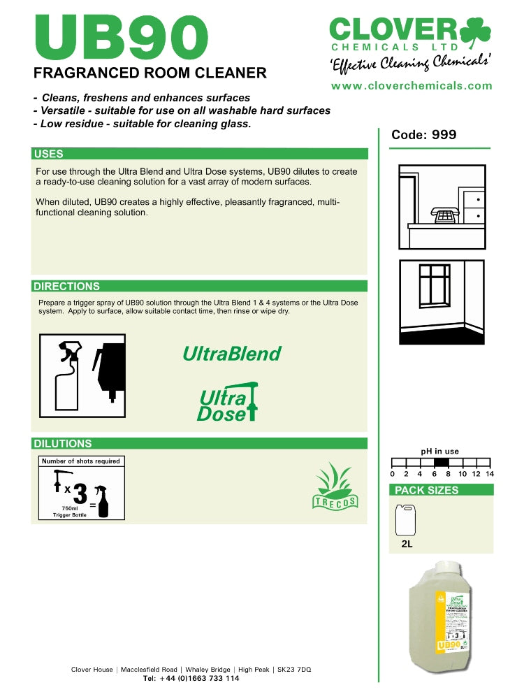 Clover Chemicals UB90 Fragranced Room Cleaner 2L | Concentrated Multi-Surface Cleaner