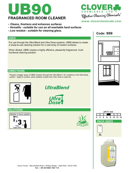 Clover Chemicals UB90 Fragranced Room Cleaner 2L | Concentrated Multi-Surface Cleaner