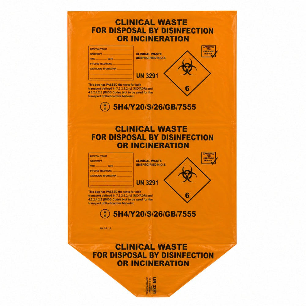 Orange Heavy Duty Clinical Waste Sacks 90L 20kg | UN3291 Alternative Treatment Bags | Rolls of 20