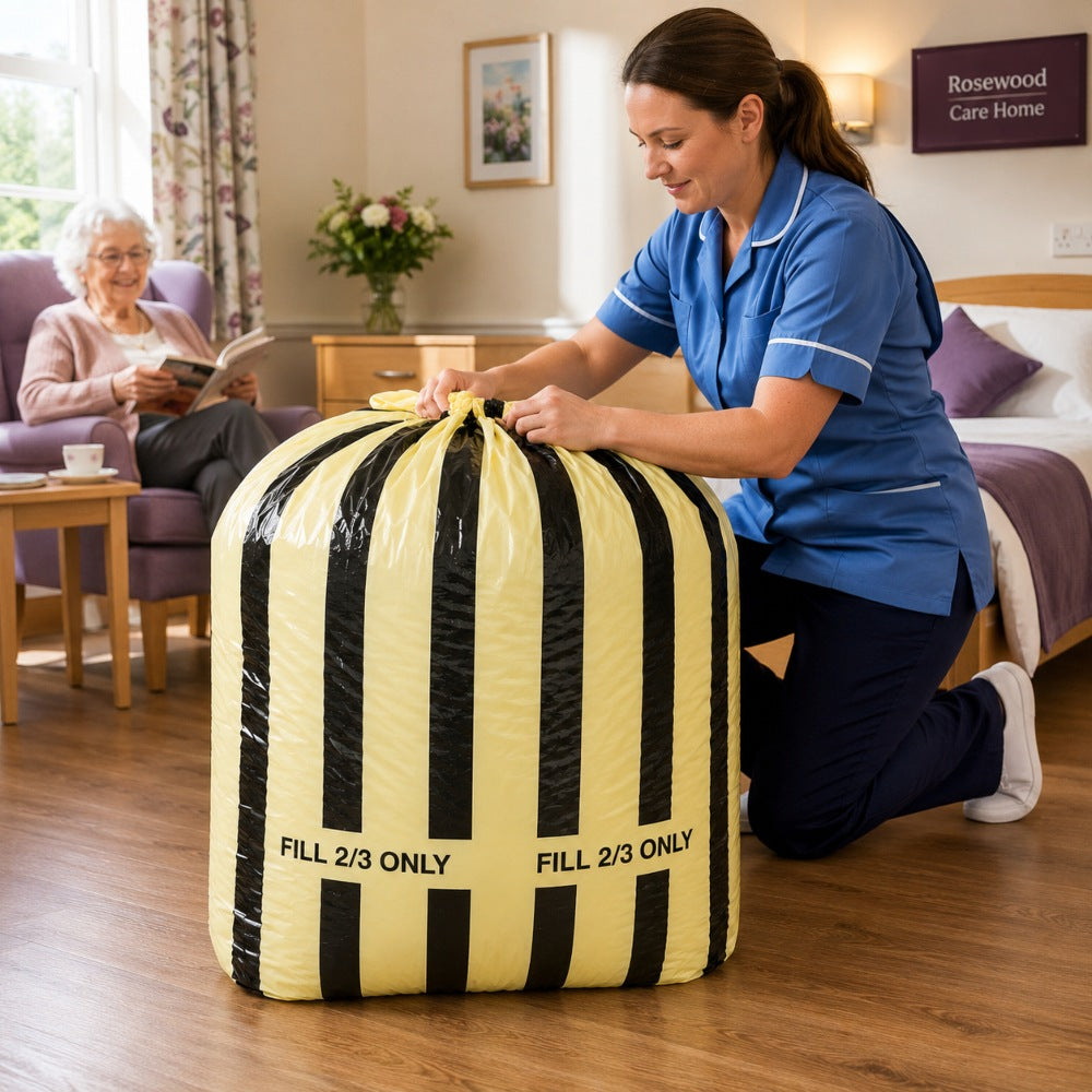 Tiger Stripe Heavy Duty Clinical Waste Sacks 80 Ltr 15 Kgs | Yellow & Black Offensive Waste Bags (Rolls of 25)