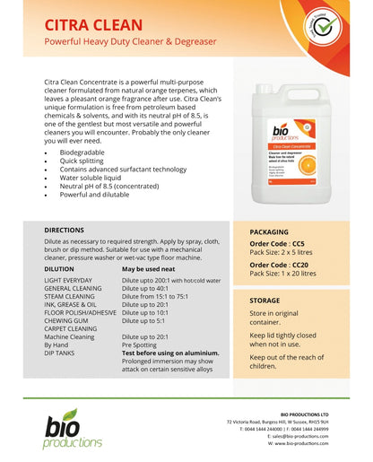 Bio Productions CITRA CLEAN CONCENTRATE - Premium All Purpose Cleaner Degreaser 5 Ltr