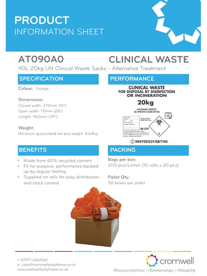 Orange Heavy Duty Clinical Waste Sacks 90L 20kg | UN3291 Alternative Treatment Bags | Rolls of 20