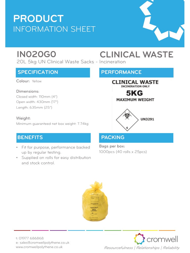 Yellow Light Duty Clinical Waste Sacks 20 Ltr 5 Kgs - UN3291 Incineration Bags | Rolls of 25