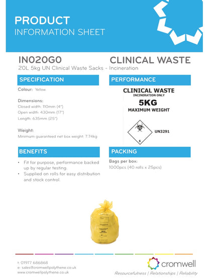 Yellow Light Duty Clinical Waste Sacks 20 Ltr 5 Kgs - UN3291 Incineration Bags | Rolls of 25