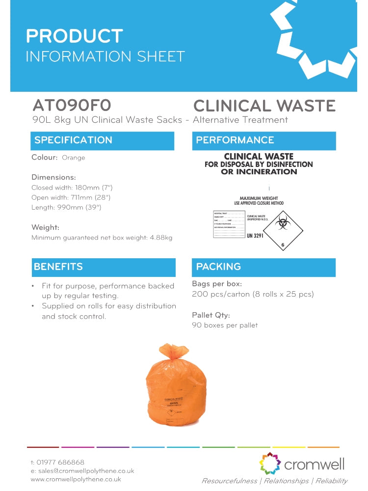Orange Medium Duty Orange Clinical Waste Bags 90L 8kg | UN 3291 Medium Duty Alternative Treatment Sacks | Rolls of 25
