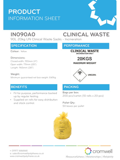 Yellow Heavy Duty Clinical Waste Sacks 90 Ltr 20 Kgs - UN3291 Incineration Bags | Rolls of 20
